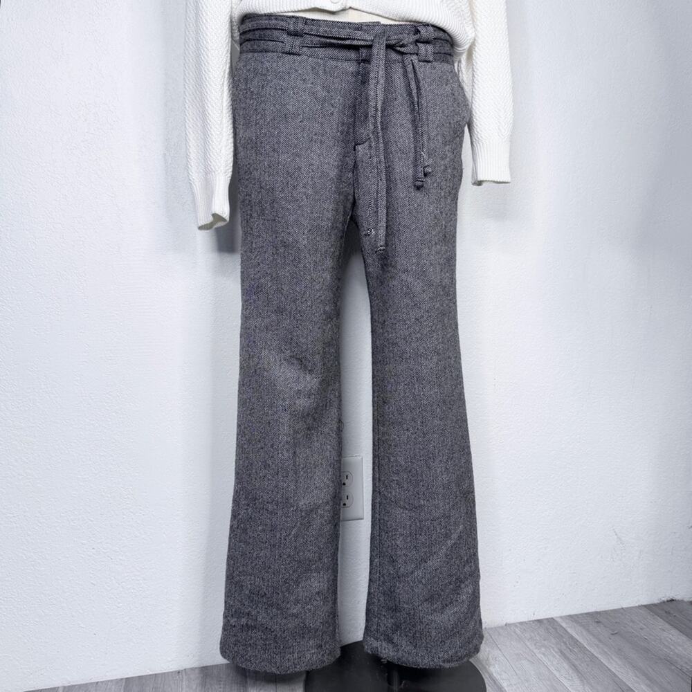 Y2K Wool Blend Herringbone Trousers Gray Low Waist Belted Flare Pants Size 8